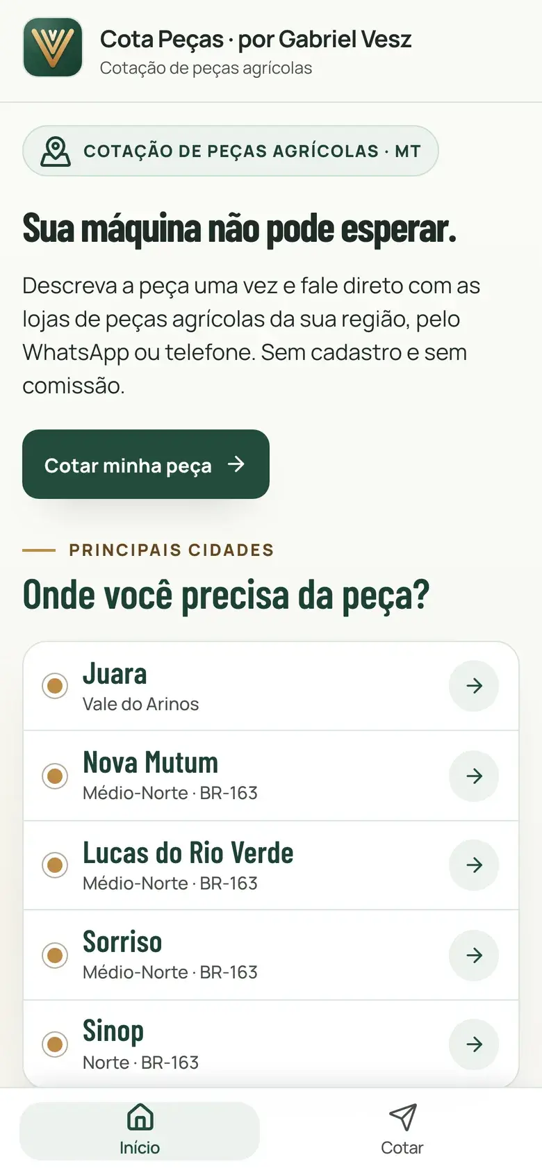 Cota Peças — tela inicial com a chamada para cotar peças agrícolas em Mato Grosso