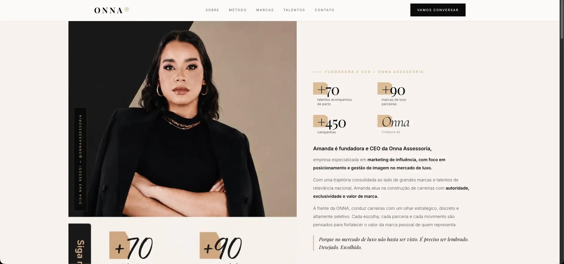 Site desktop real da ONNA Assessoria