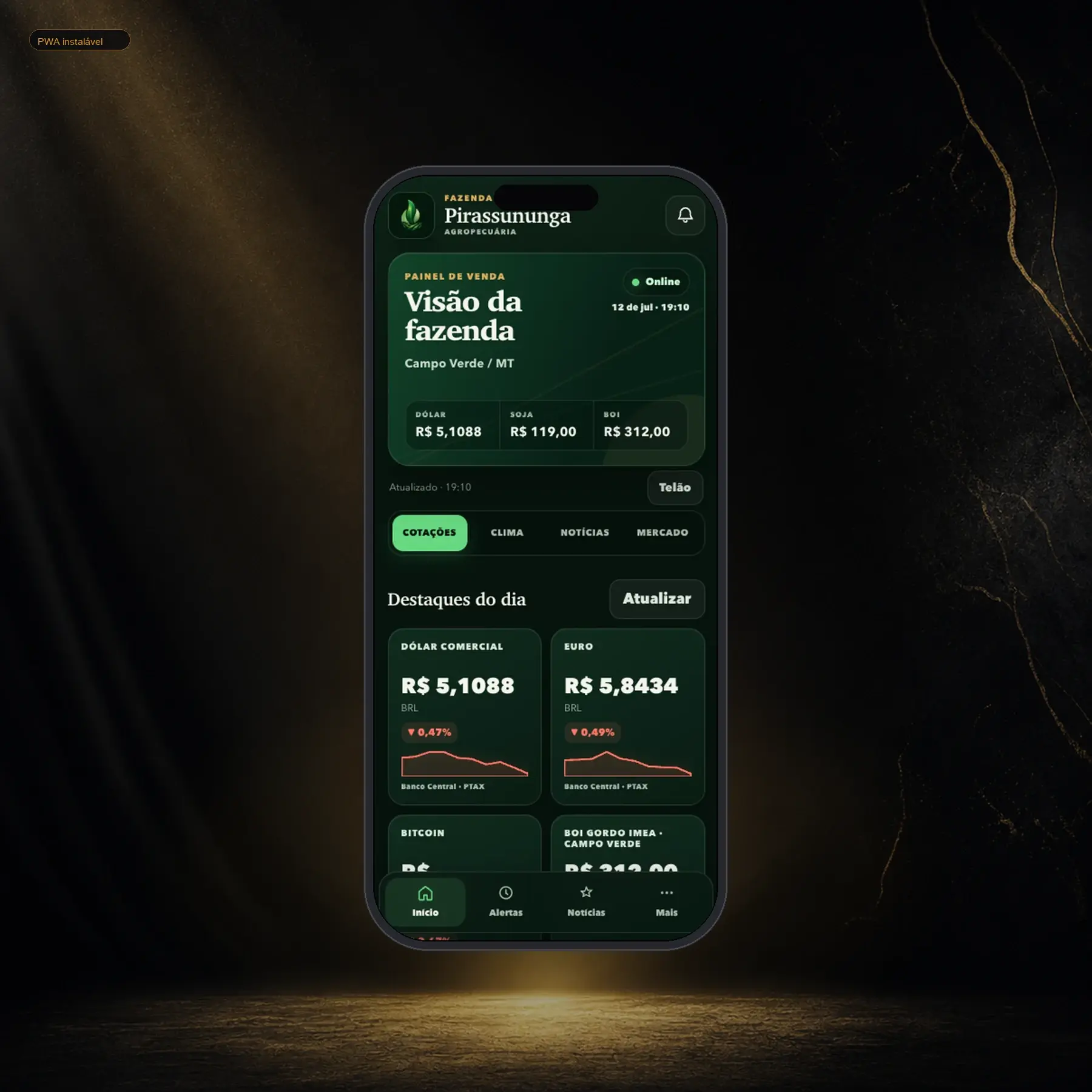 Painel PWA da Fazenda Pirassununga em um mockup editorial