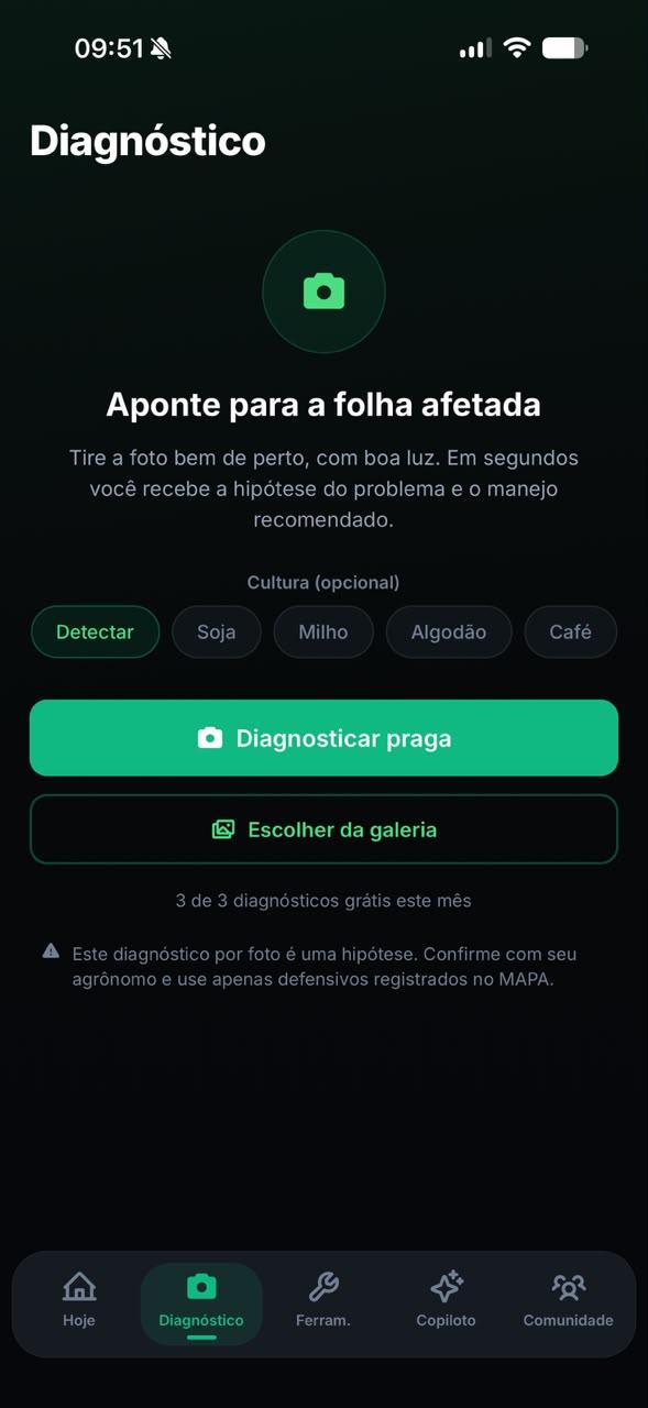 Tela de diagnóstico de pragas do aplicativo Pulso do Campo