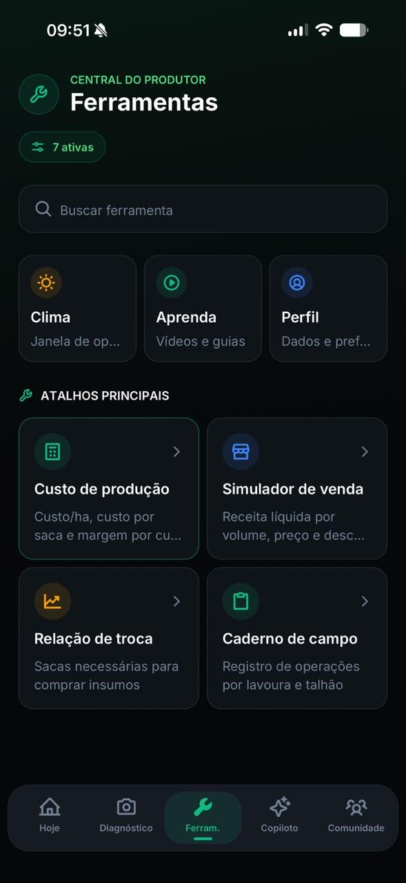 Tela de ferramentas para o produtor no aplicativo Pulso do Campo