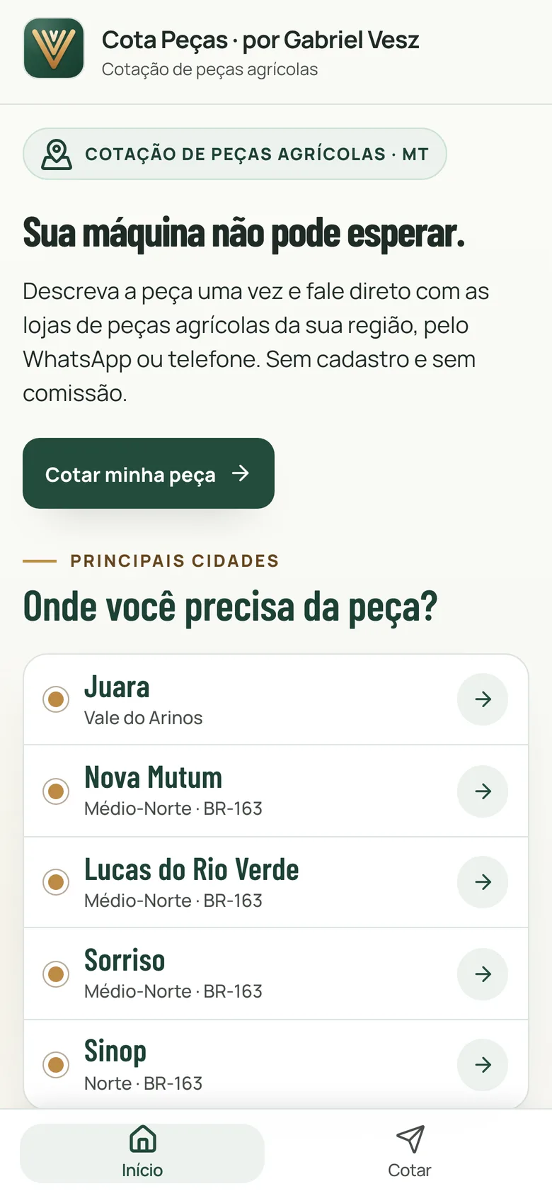 Cota Peças — tela inicial com a chamada para cotar peças agrícolas em Mato Grosso
